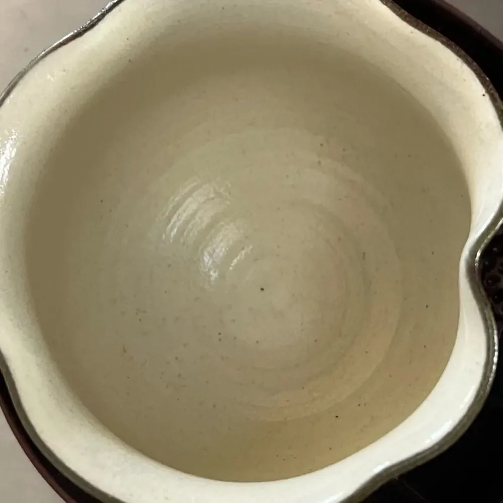 Japanese Pottery Ceramic Tea Cup & Plates 3 Piece Dark Brown Glaze Lotus Leaf